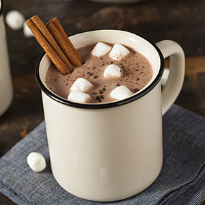white mug with hot chocolate, marshmallows and cinnamon sticks