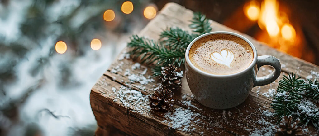Close-up of a coffee cup with heart foam on snowy wooden surface, pine branches, and glowing fireplace.